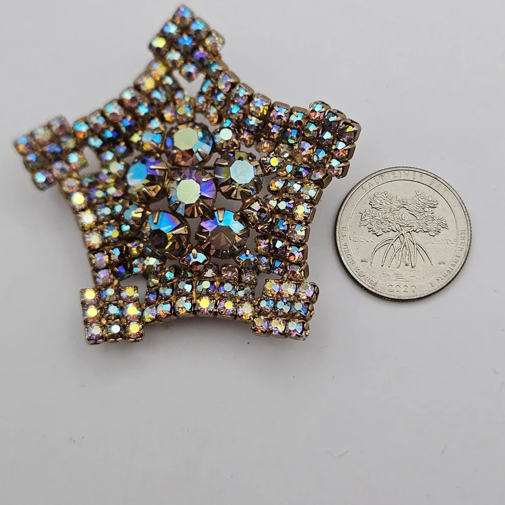 Vintage Aurora Borealis Rhinestone Star Brooch Gold Tone MCM Blue